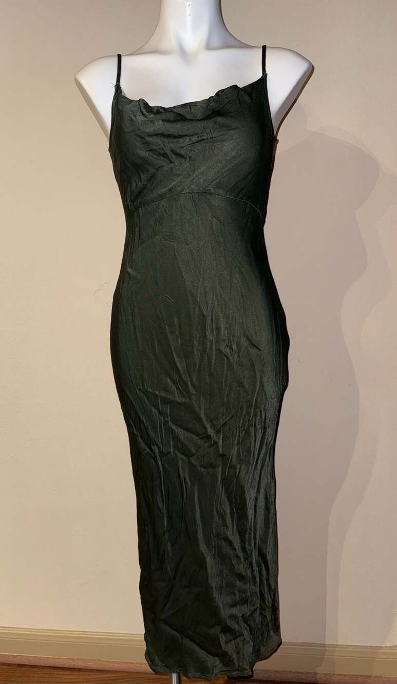 Anthropologie Green Cowl Neck Spaghetti Strap Midi Dress with Side Slit